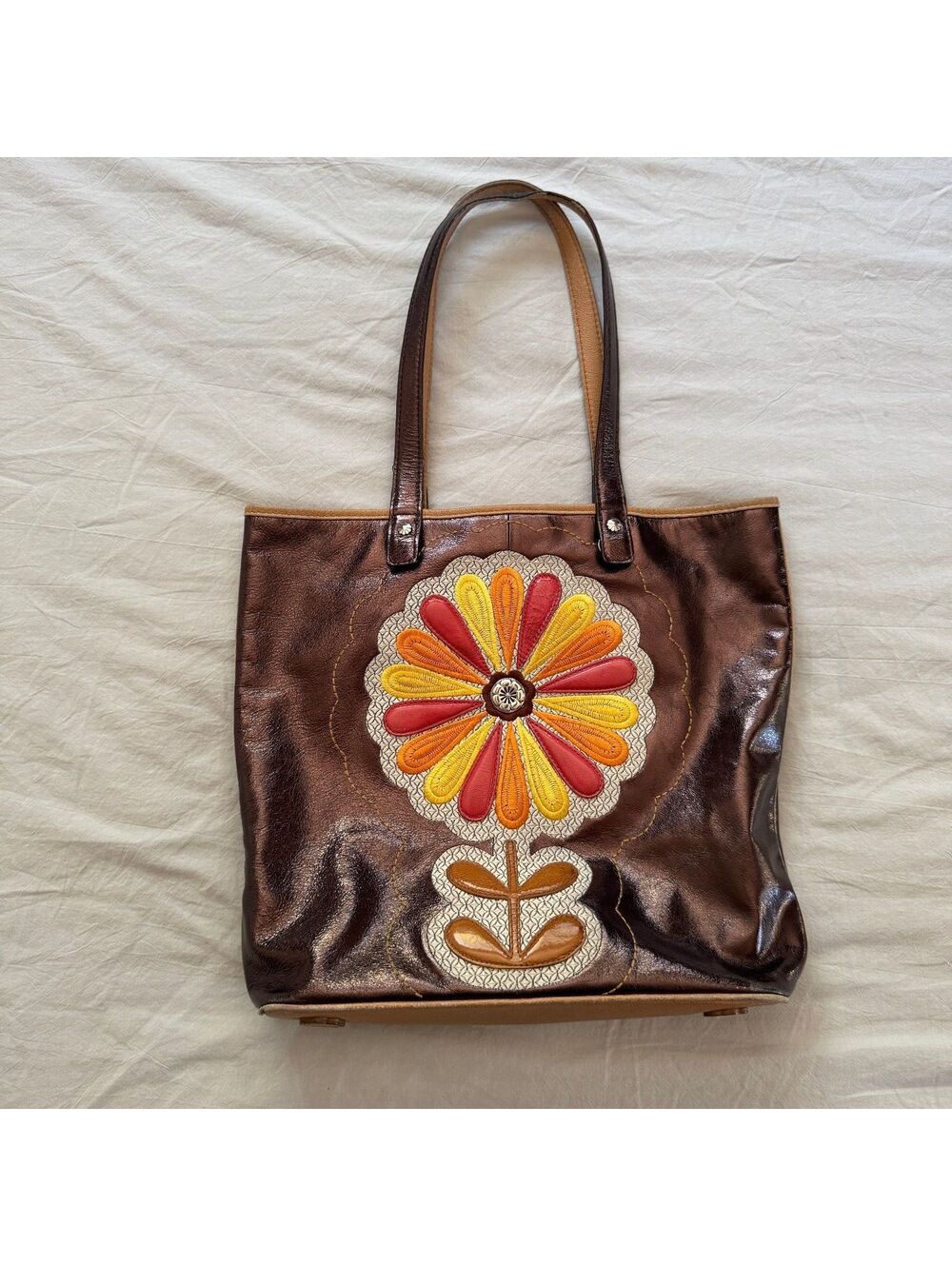 Brighton Zany Sunny Pop Tote Metallic Bronze Leather Embroidered Flower Y2K Boho